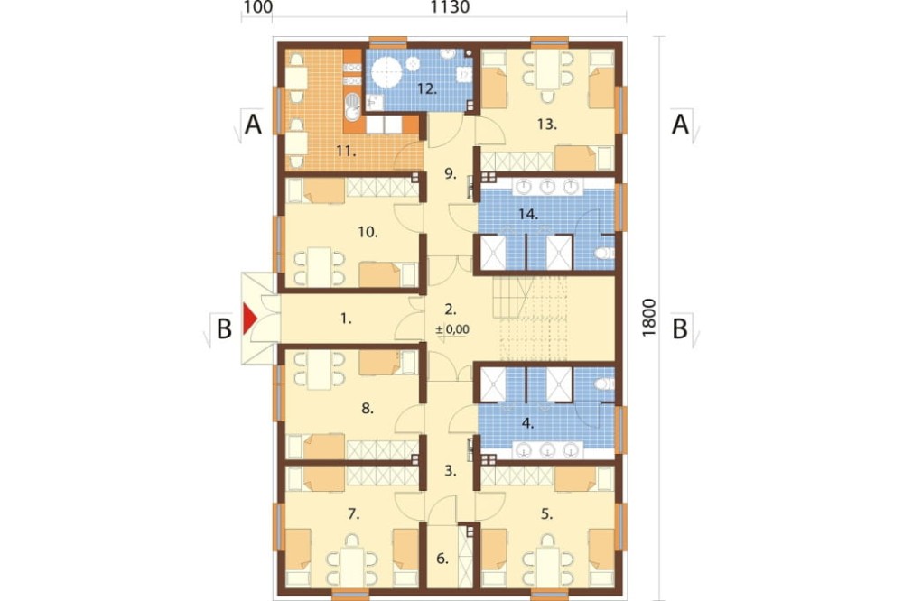 Projekt hostelu LK-135, posiada 3 kondygnacje - parter, I piętro, II piętro - rzut parteru