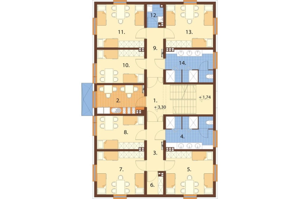 Projekt hostelu LK-135, posiada 3 kondygnacje - parter, I piętro, II piętro - rzut I piętra