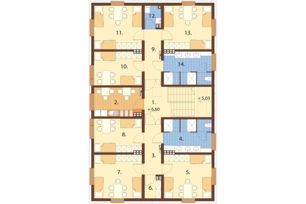 Projekt hostelu LK-135, posiada 3 kondygnacje - parter, I piętro, II piętro - rzut II piętra