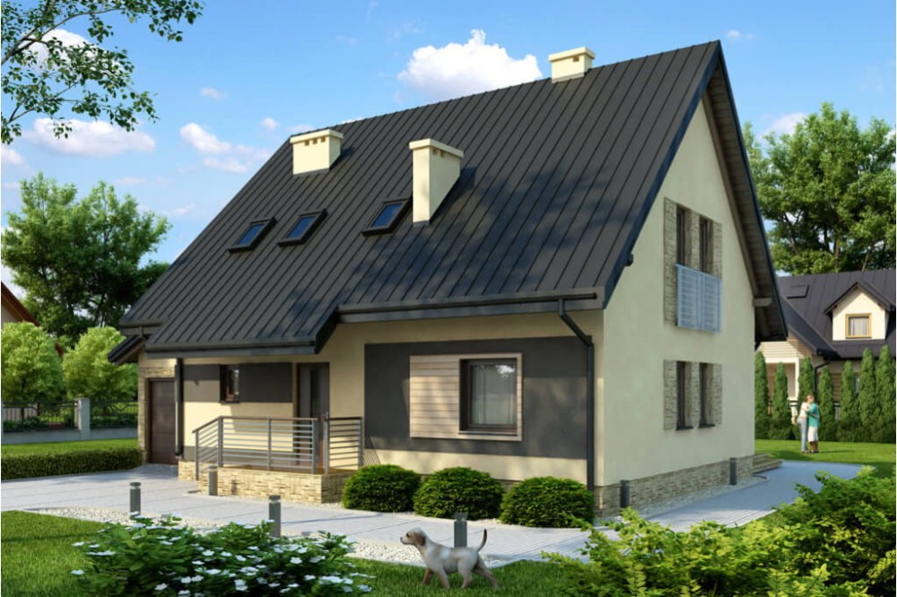 Projekt domu Nowogard 2 tech. L-6517 tech., parterowy z poddaszem użytkowym, jednorodzinny, tradycyjny, z garażem, bez podpiwniczenia-kolorystyka wersja 4