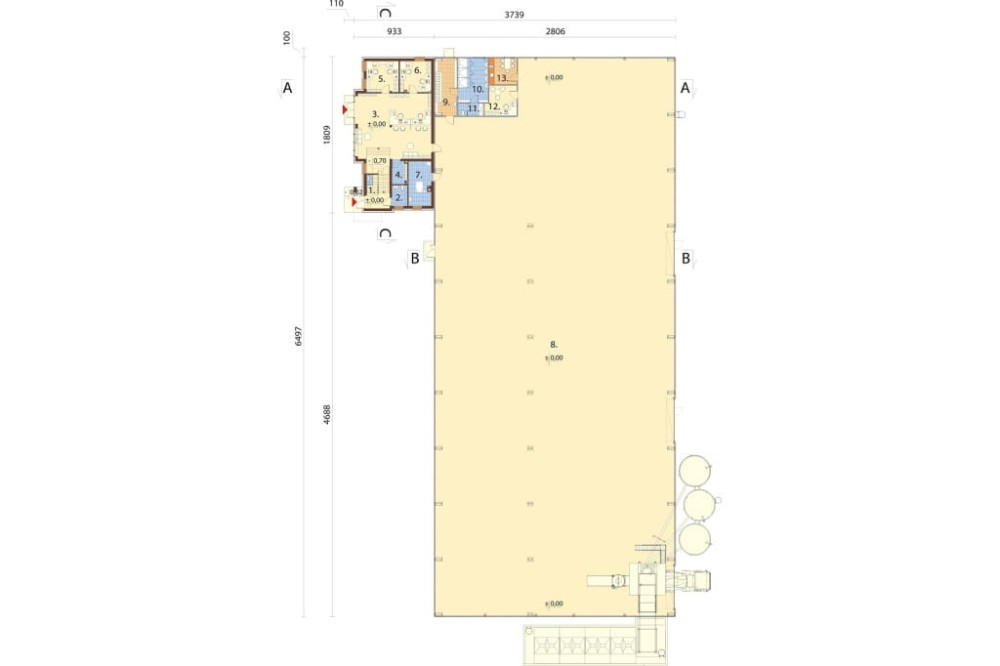 Projekt budynku produkcyjno-biurowego LK-139, niepodpiwniczony i składa się z dwóch części: pierwsza część to dwukondygnacyjny - rzut parteru