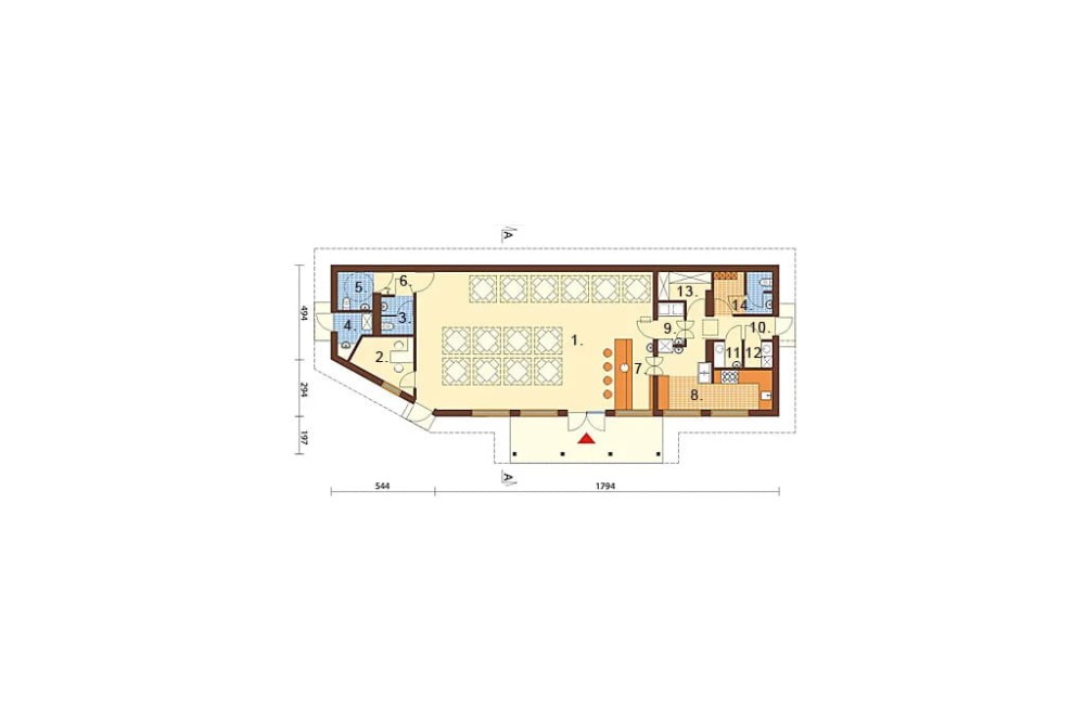 Projekt restauracji, baru K-15, parterowy, bez podpiwniczenia - rzut parteru