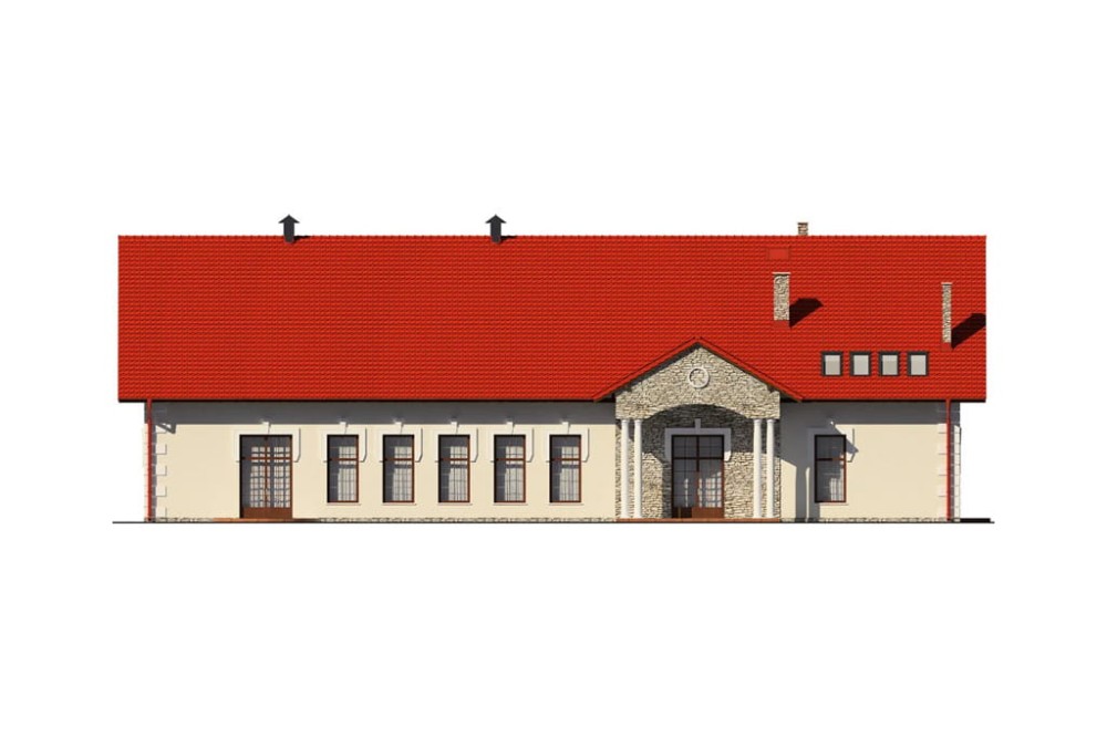 Projekt restauracji, domu weselnego K-24, parterowy z częściowym poddaszem użytkowym (antresola), bez podpiwniczenia - elewacja frontowa