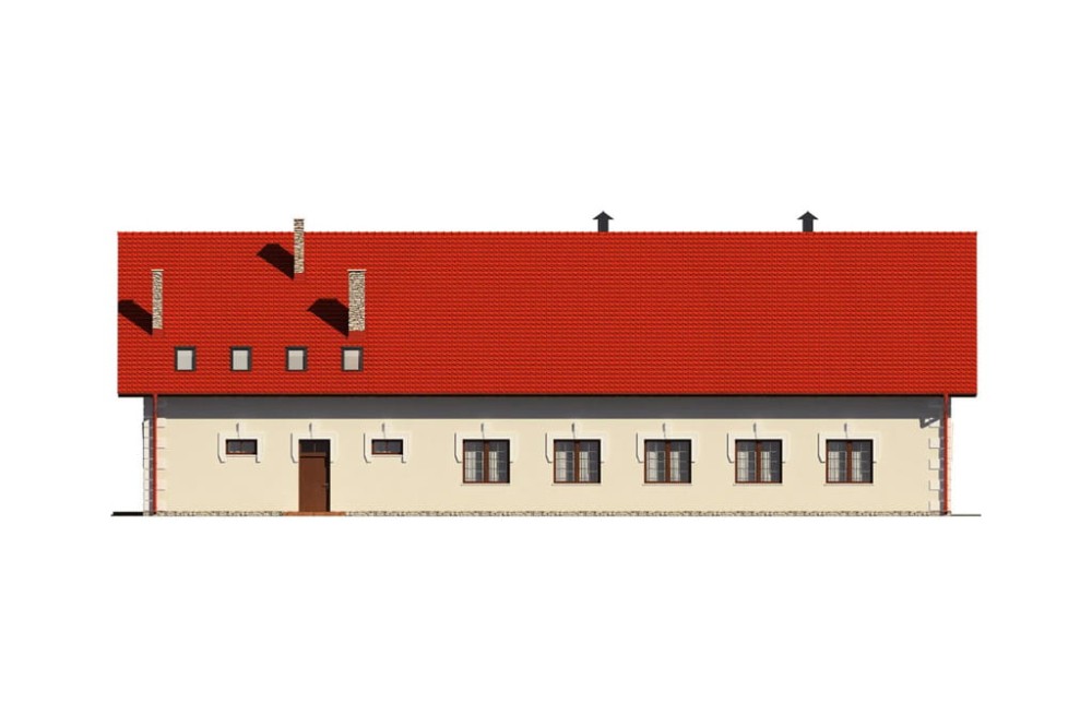 Projekt restauracji, domu weselnego K-24, parterowy z częściowym poddaszem użytkowym (antresola), bez podpiwniczenia - elewacja ogrodowa