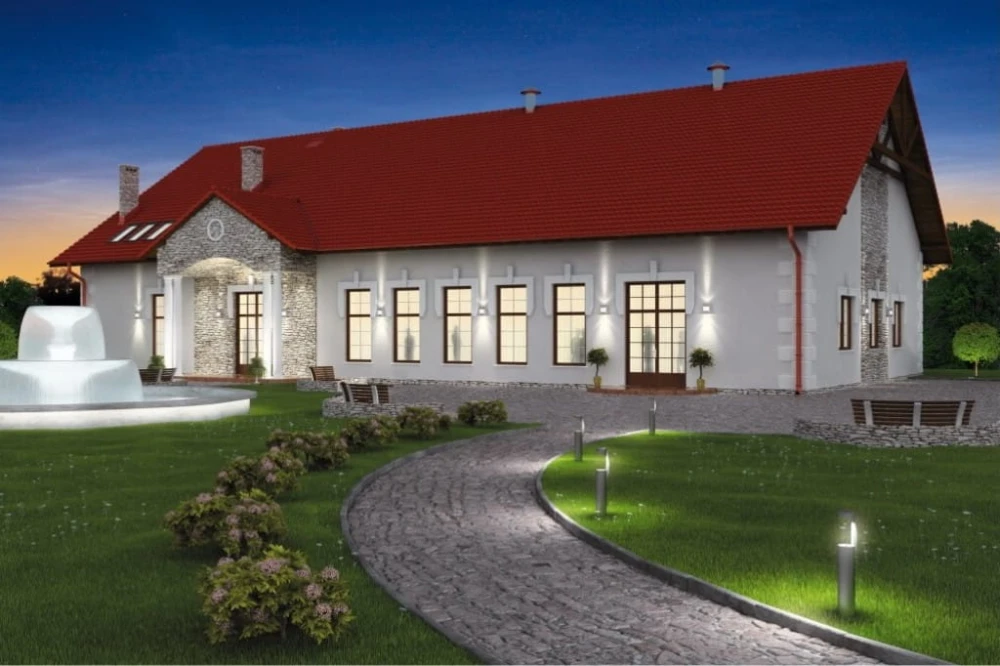 Projekt restauracji, domu weselnego LK-24, parterowy z częściowym poddaszem użytkowym (antresola), bez podpiwniczenia - kolorystyka wersja 1