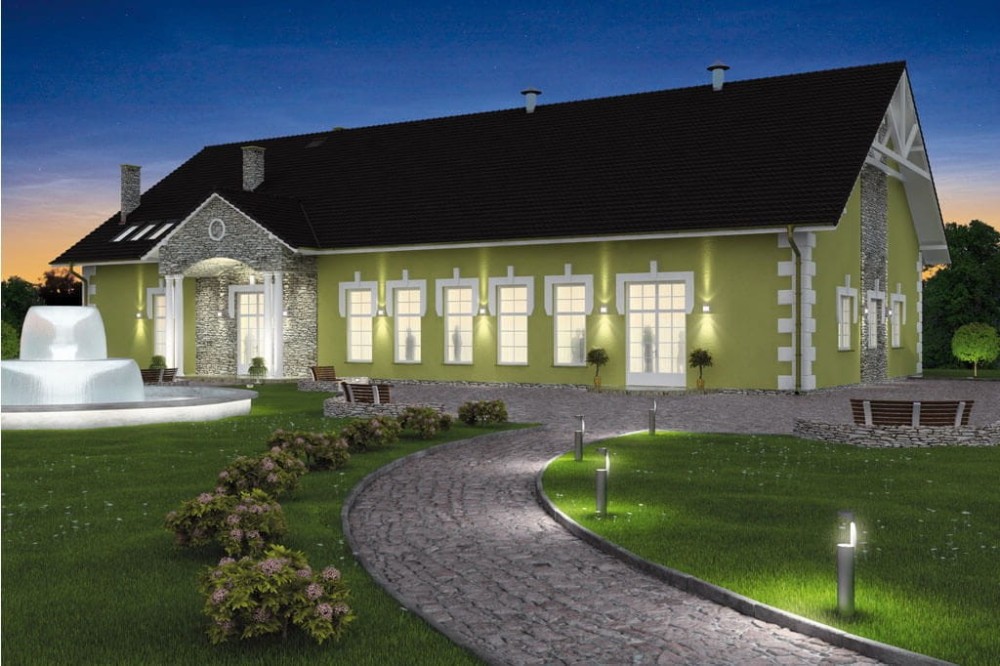 Projekt restauracji, domu weselnego LK-24, parterowy z częściowym poddaszem użytkowym (antresola), bez podpiwniczenia - kolorystyka wersja 4