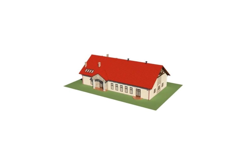 Projekt restauracji, domu weselnego LK-24, parterowy z częściowym poddaszem użytkowym (antresola), bez podpiwniczenia - model
