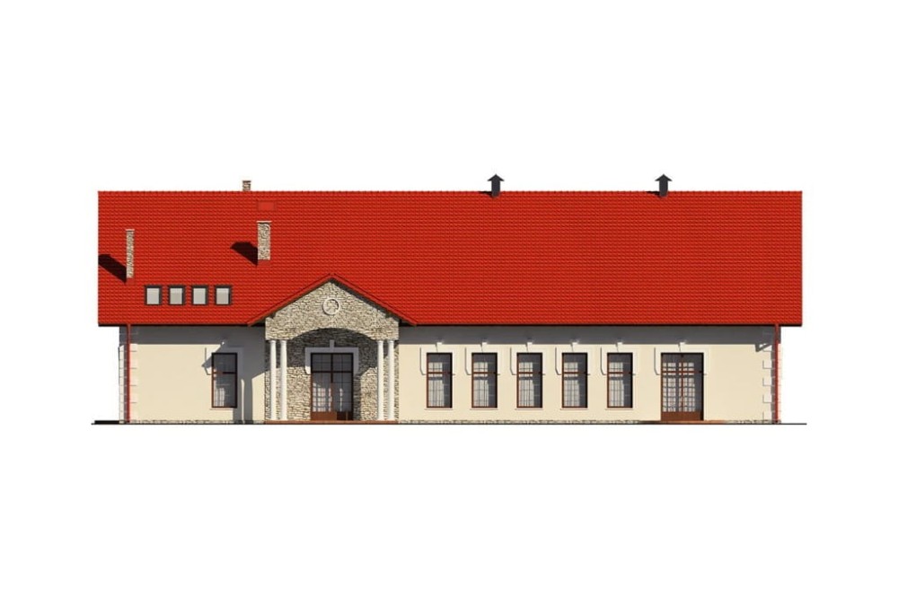 Projekt restauracji, domu weselnego LK-24, parterowy z częściowym poddaszem użytkowym (antresola), bez podpiwniczenia - elewacja frontowa