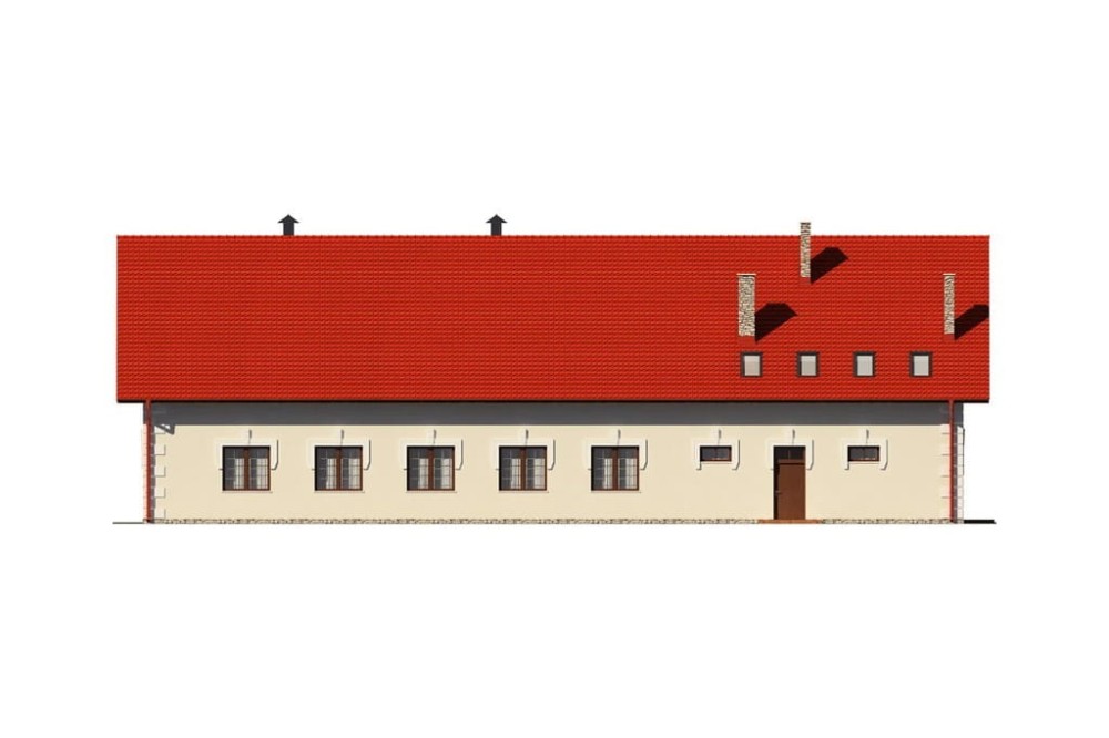 Projekt restauracji, domu weselnego LK-24, parterowy z częściowym poddaszem użytkowym (antresola), bez podpiwniczenia - elewacja ogrodowa