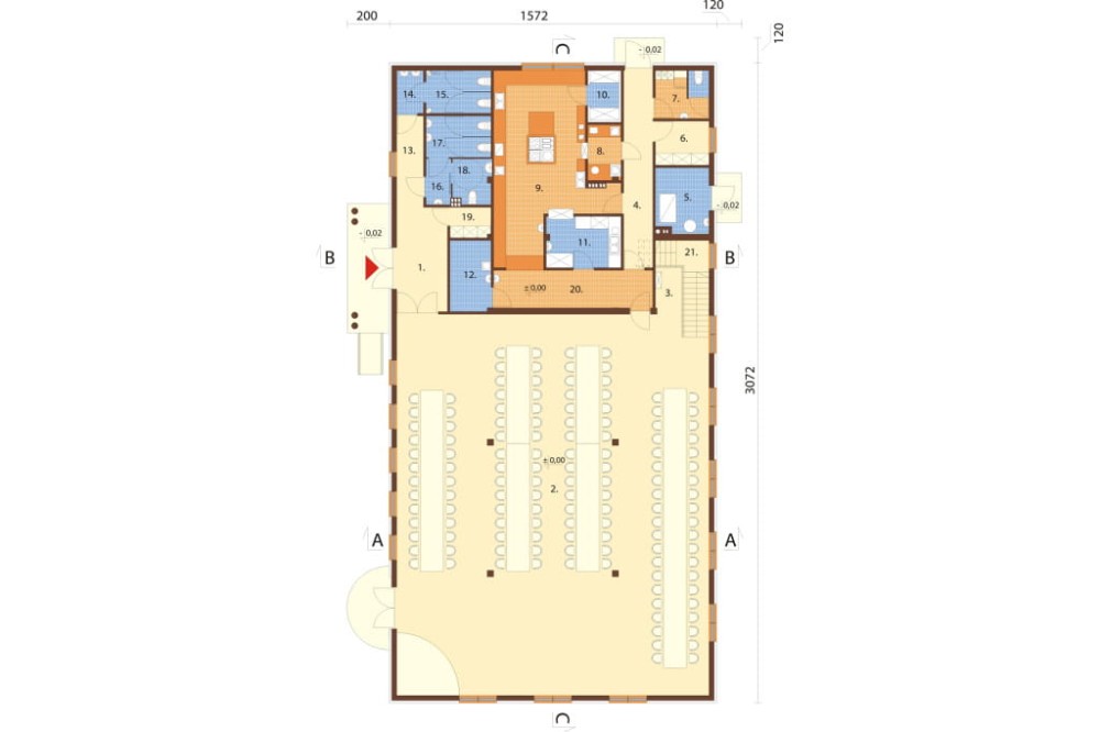 Projekt restauracji, domu weselnego LK-24, parterowy z częściowym poddaszem użytkowym (antresola), bez podpiwniczenia - rzut parteru