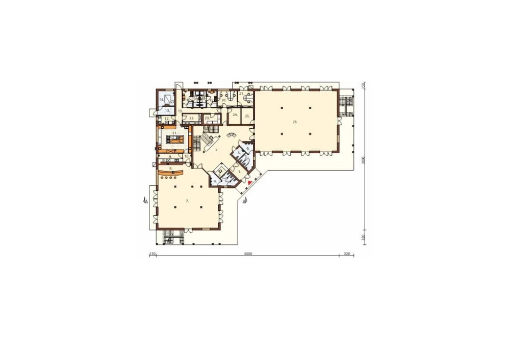 Projekt pensjonatu, domu weselnego K-29, parterowy z poddaszem użytkowym, bez podpiwniczenia - rzut parteru