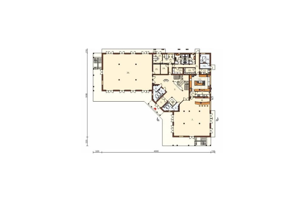 Projekt pensjonatu, domu weselnego LK-29, parterowy z poddaszem użytkowym, bez podpiwniczenia - rzut parteru