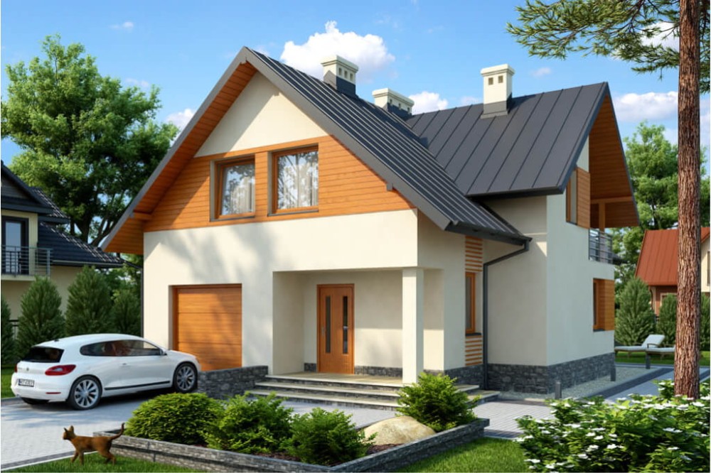 Projekt domu Wesółka tech. DM-6430 tech., parterowy z poddaszem mieszkalnym, z garażem - kolorystyka wersja 1