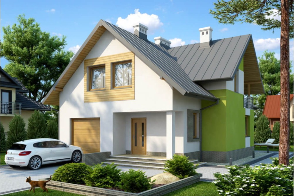 Projekt domu Wesółka tech. DM-6430 tech., parterowy z poddaszem mieszkalnym, z garażem - kolorystyka wersja 3