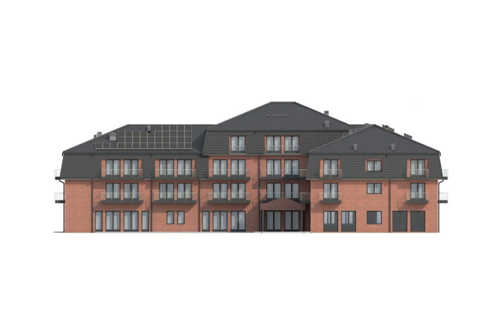 Projekt hotelu K-54, czterokondygnacyjny, niepodpiwniczony, bez garażu - elewacja frontowa