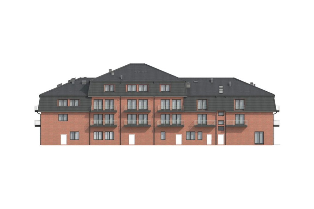 Projekt hotelu K-54, czterokondygnacyjny, niepodpiwniczony, bez garażu - elewacja ogrodowa