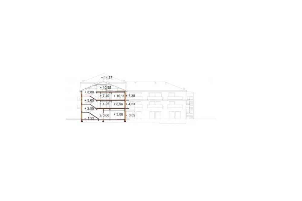 Projekt hotelu K-54, czterokondygnacyjny, niepodpiwniczony, bez garażu - przekrój A-A