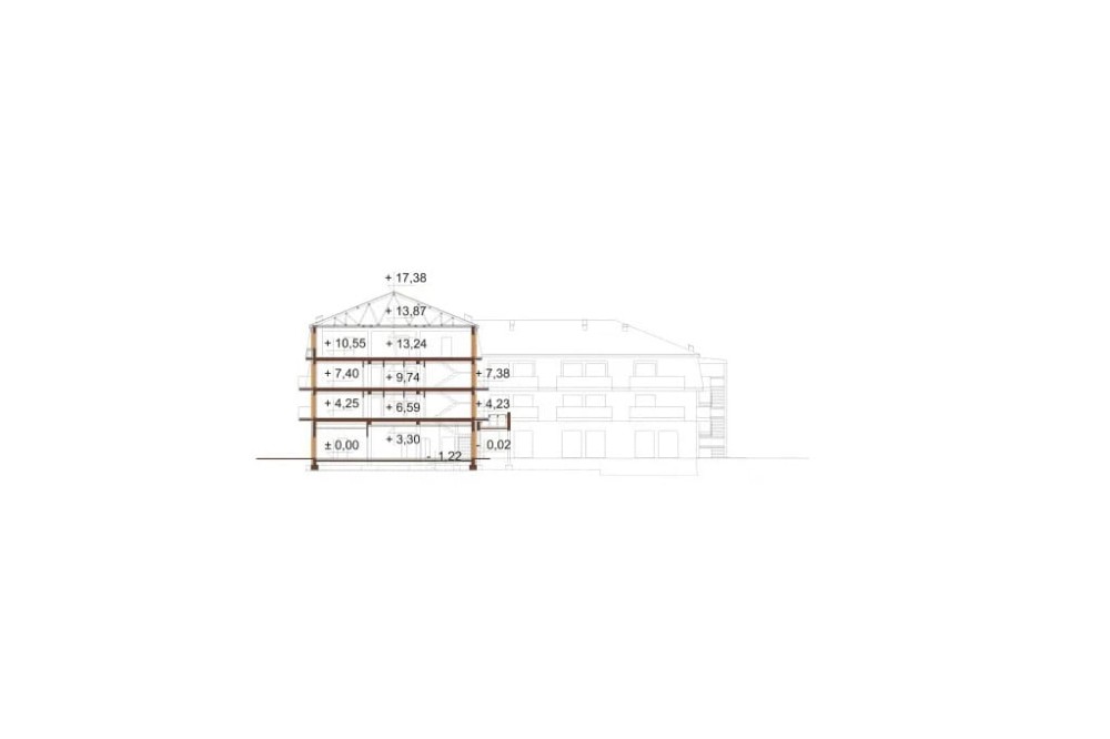 Projekt hotelu K-54, czterokondygnacyjny, niepodpiwniczony, bez garażu - przekrój B-B