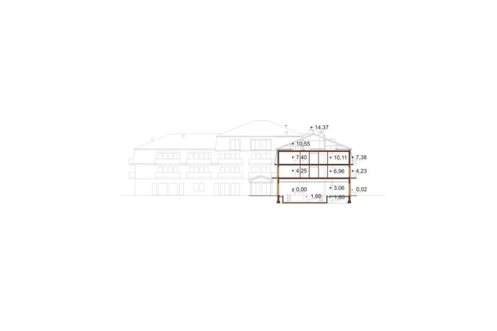 Projekt hotelu K-54, czterokondygnacyjny, niepodpiwniczony, bez garażu - przekrój C-C