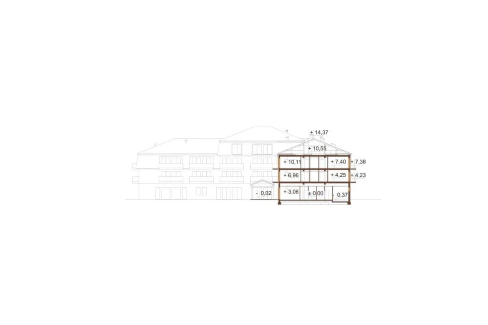 Projekt hotelu K-54, czterokondygnacyjny, niepodpiwniczony, bez garażu - przekrój D-D
