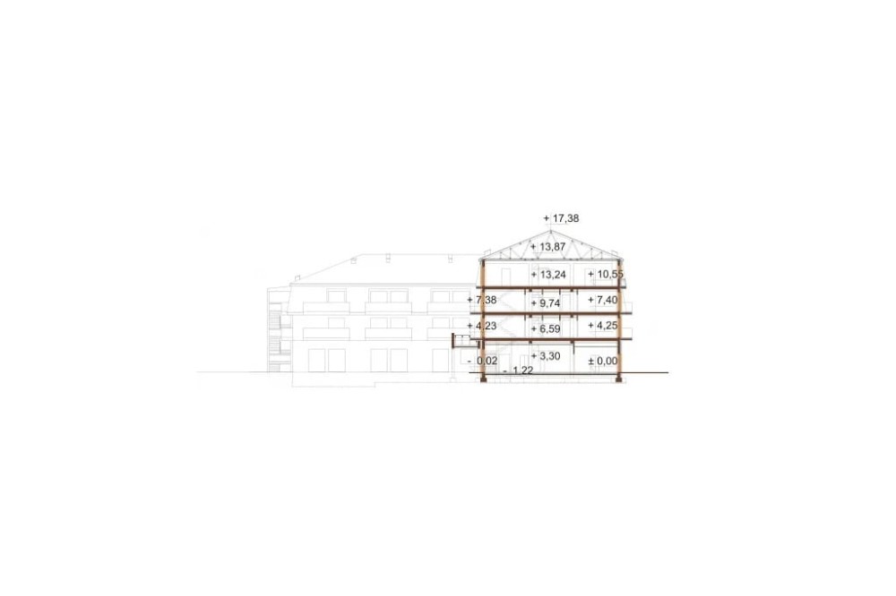 Projekt hotelu LK-54, czterokondygnacyjny, niepodpiwniczony, bez garażu - przekrój B-B