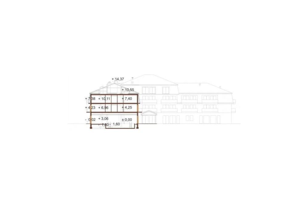 Projekt hotelu LK-54, czterokondygnacyjny, niepodpiwniczony, bez garażu - przekrój C-C