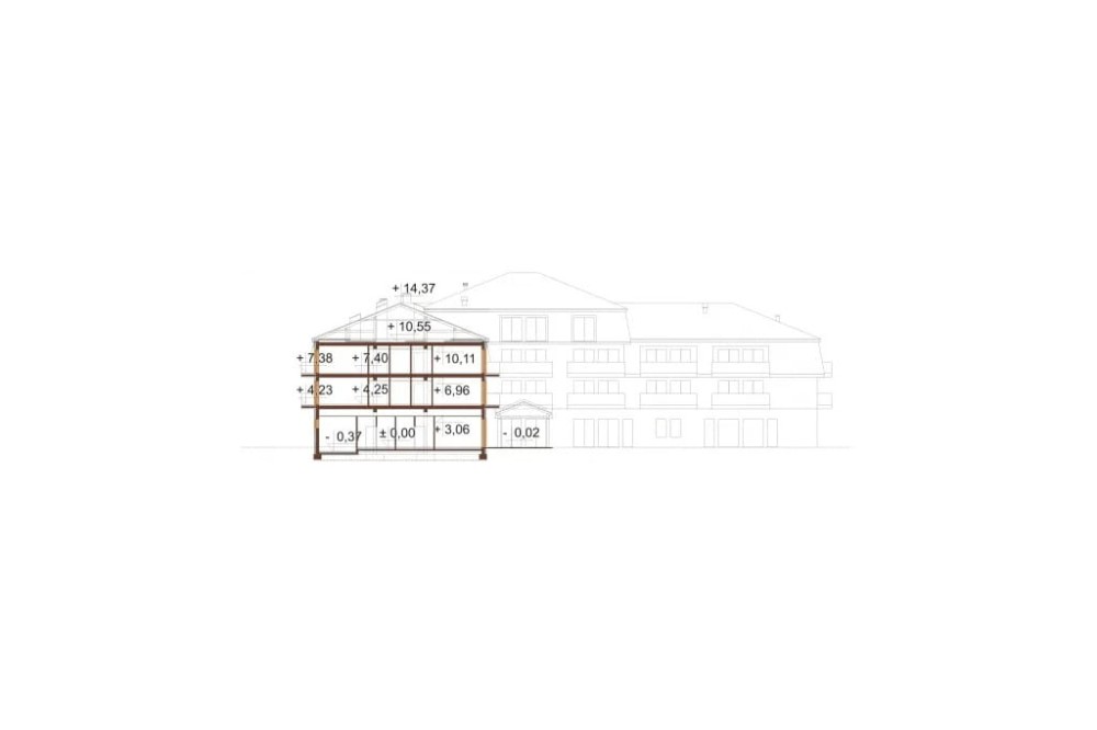 Projekt hotelu LK-54, czterokondygnacyjny, niepodpiwniczony, bez garażu - przekrój D-D