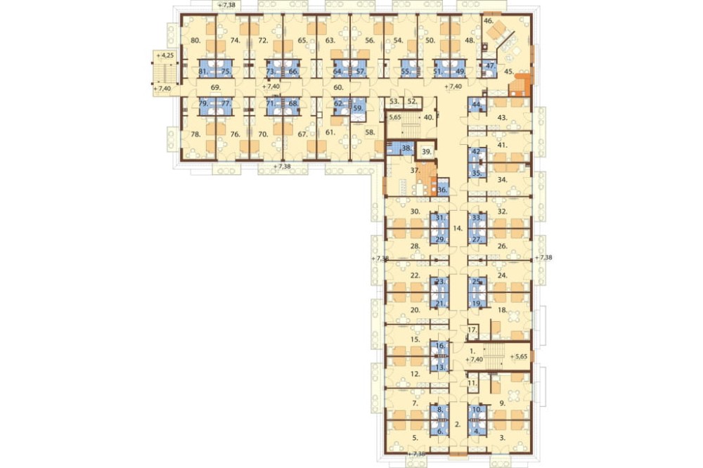 Projekt hotelu LK-54, czterokondygnacyjny, niepodpiwniczony, bez garażu - rzut drugiego piętra