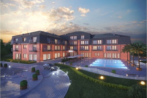 Projekt hotelu LK-54, czterokondygnacyjny, niepodpiwniczony, bez garażu - kolorystyka wersja 1