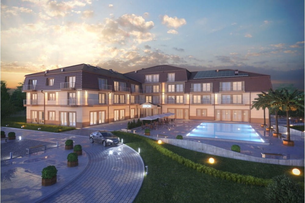 Projekt hotelu LK-54, czterokondygnacyjny, niepodpiwniczony, bez garażu - kolorystyka wersja 4