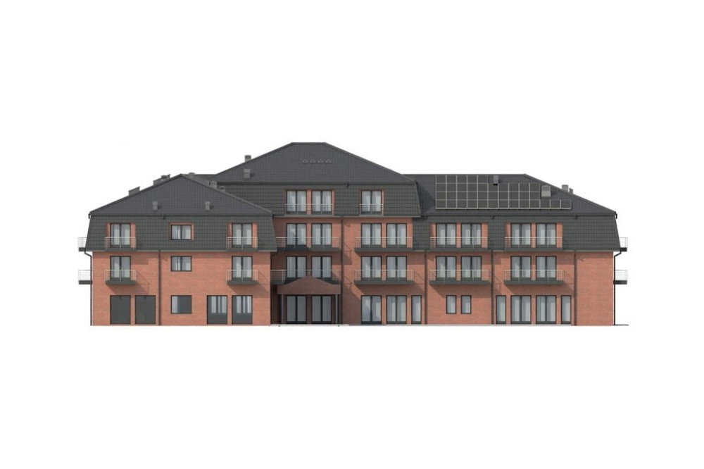 Projekt hotelu LK-54, czterokondygnacyjny, niepodpiwniczony, bez garażu - elewacja frontowa
