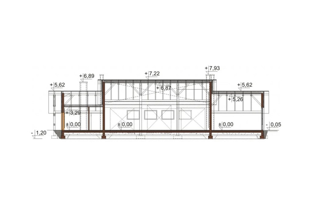 Projekt warsztatu samochodowego K-60, parterowy, niepodpiwniczony - przekrój A-A