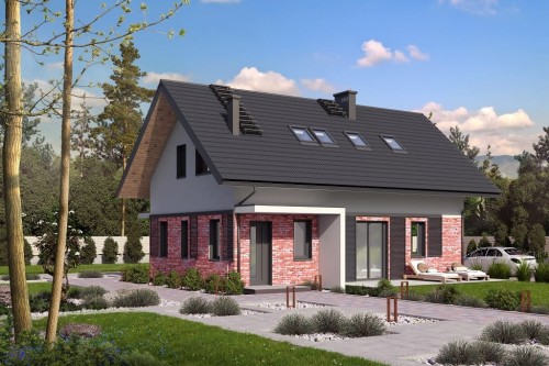 Projekt domu Ratiano tech. DM-6749 tech.,parterowy z poddaszem użytkowym, dwurodzinny, tradycyjny, bez garażu, bez podpiwniczenia-kolorystyka wersja 2