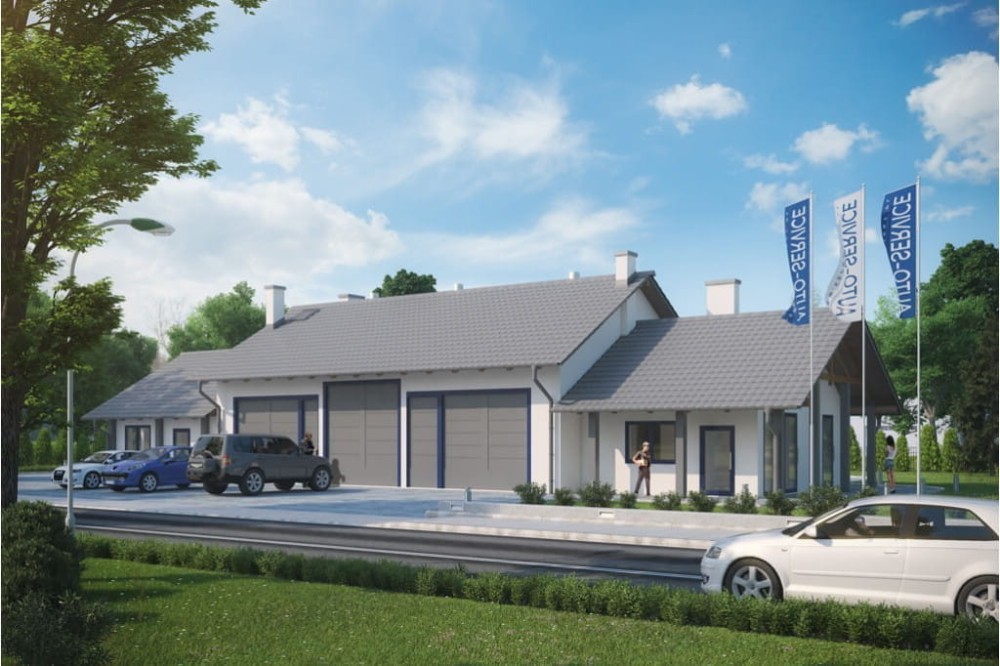 Projekt warsztatu samochodowego LK-60, parterowy, niepodpiwniczony - wizualizacja elewacji