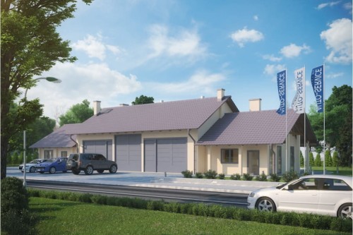 Projekt warsztatu samochodowego LK-60, parterowy, niepodpiwniczony - wizualizacja elewacji