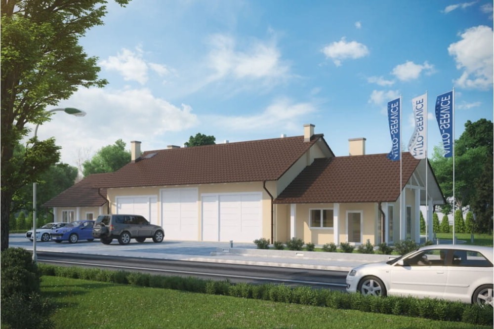 Projekt warsztatu samochodowego LK-60, parterowy, niepodpiwniczony - wizualizacja elewacji