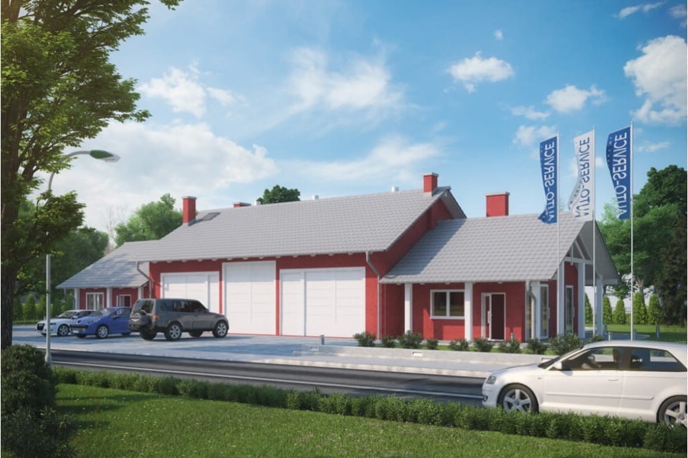 Projekt warsztatu samochodowego LK-60, parterowy, niepodpiwniczony - wizualizacja elewacji