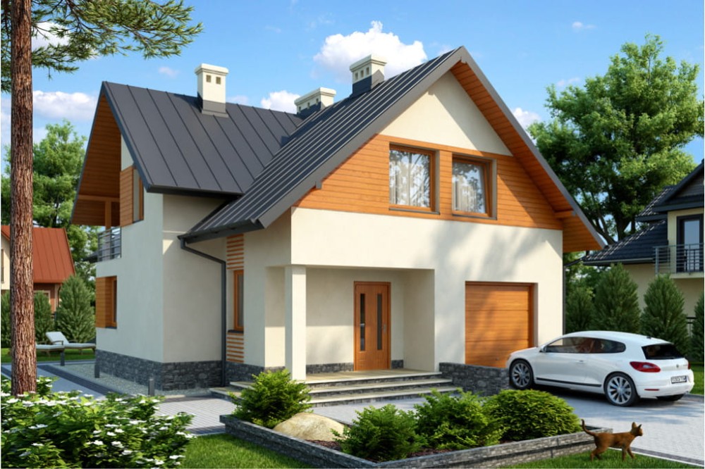 Projekt domu Wesółka 2 tech. L-6430 tech., parterowy z poddaszem mieszkalnym, z garażem - kolorystyka wersja 1