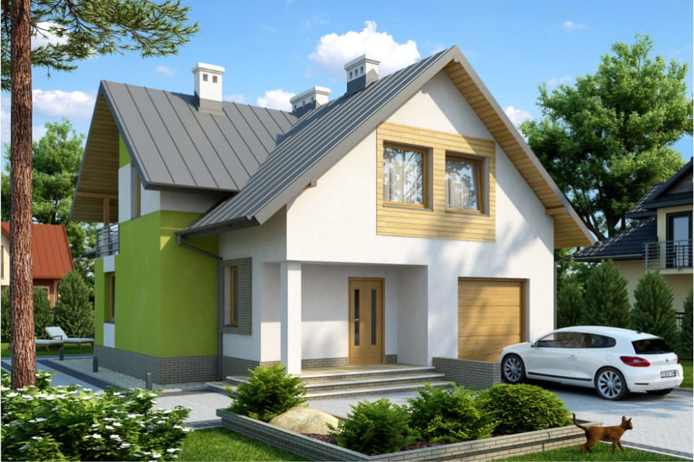 Projekt domu Wesółka 2 tech. L-6430 tech., parterowy z poddaszem mieszkalnym, z garażem - kolorystyka wersja 3