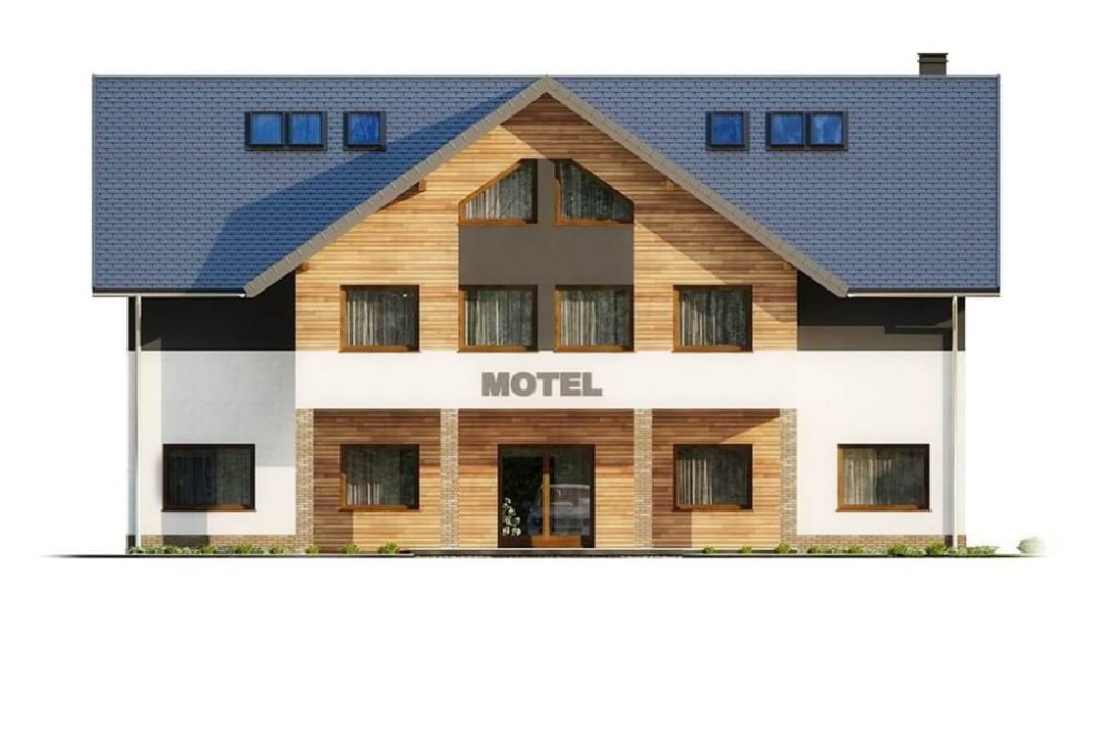 Projekt motelu LK-61 C, piętrowy z poddaszem użytkowym, niepodpiwniczony, bez garażu - elewacja frontowa