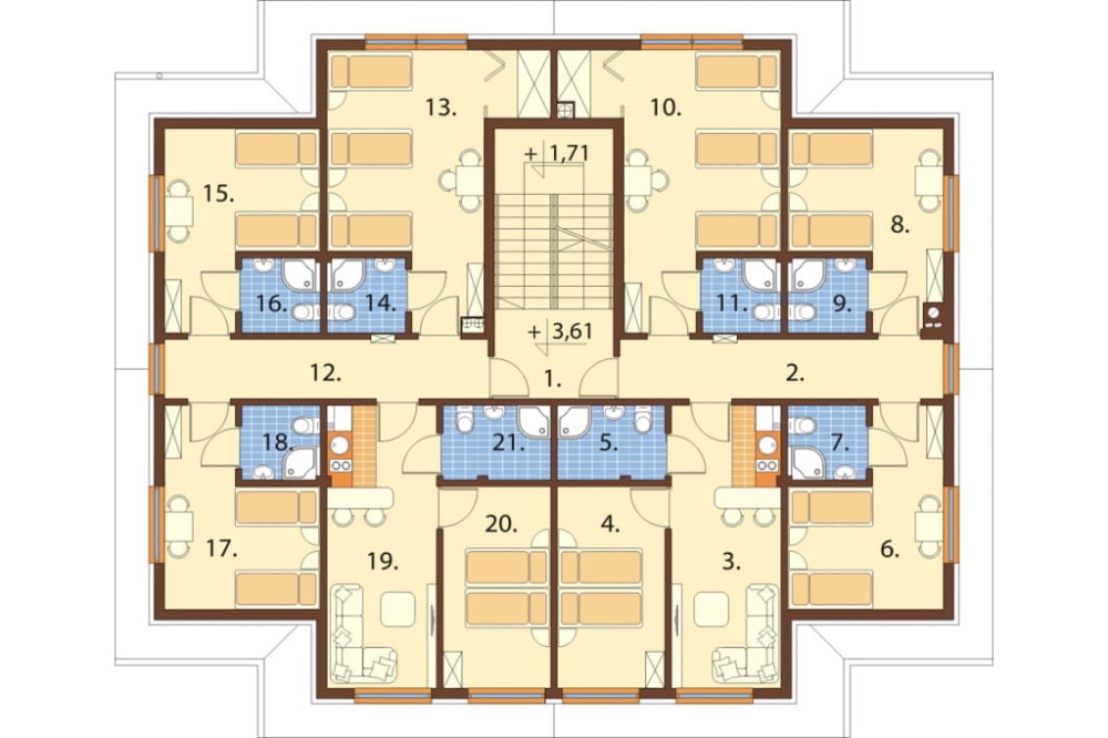 Projekt motelu LK-61 C, piętrowy z poddaszem użytkowym, niepodpiwniczony, bez garażu - rzut piętra