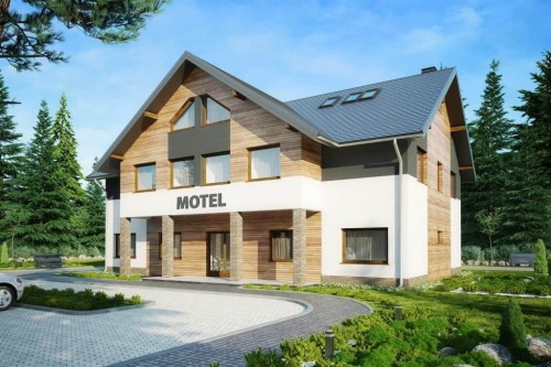 Projekt motelu LK-61 C, piętrowy z poddaszem użytkowym, niepodpiwniczony, bez garażu - kolorystyka wersja 1