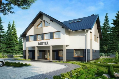 Projekt motelu LK-61 C, piętrowy z poddaszem użytkowym, niepodpiwniczony, bez garażu - kolorystyka wersja 2