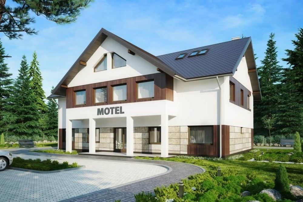 Projekt motelu LK-61 C, piętrowy z poddaszem użytkowym, niepodpiwniczony, bez garażu - kolorystyka wersja 3