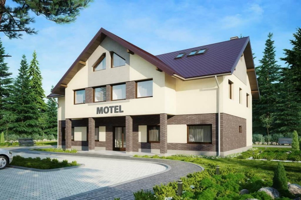 Projekt motelu LK-61 C, piętrowy z poddaszem użytkowym, niepodpiwniczony, bez garażu - kolorystyka wersja 4