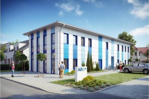 Projekt budynku handlowo-magazynowo-biurowego K-71, piętrowy, bez podpiwniczenia, z garażem - kolorystyka wersja 2