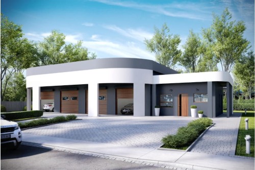 Projekt myjni samochodowej LK-73, parterowy, niepodpiwniczony, mogący pełnić również funkcję warsztatu samochodowego - wizualizacja elewacji