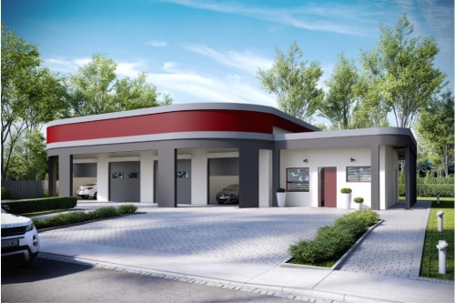 Projekt myjni samochodowej LK-73, parterowy, niepodpiwniczony, mogący pełnić również funkcję warsztatu samochodowego - wizualizacja elewacji