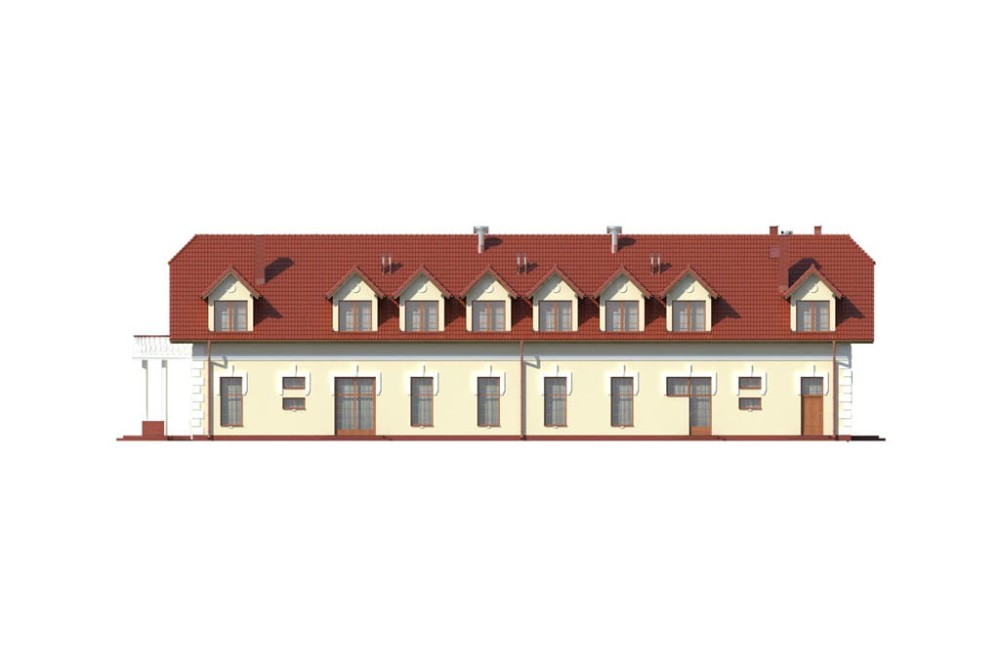 Projekt restauracji z motelem K-26, parterowy z poddaszem użytkowym, bez podpiwniczenia, przystosowany dla osób niepełnosprawnych - elewacja prawa