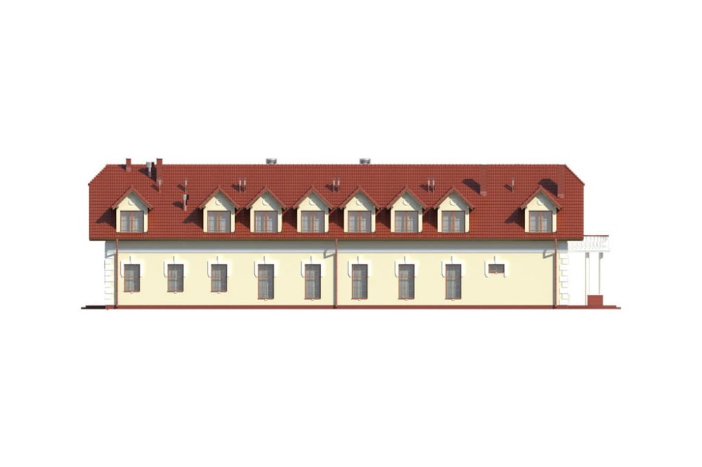 Projekt budynku gastronomicznego z zapleczem noclegowym K-26, parterowy z poddaszem użytkowym, bez podpiwniczenia, przystosowany dla osób niepełnosprawnych - elewacja lewa